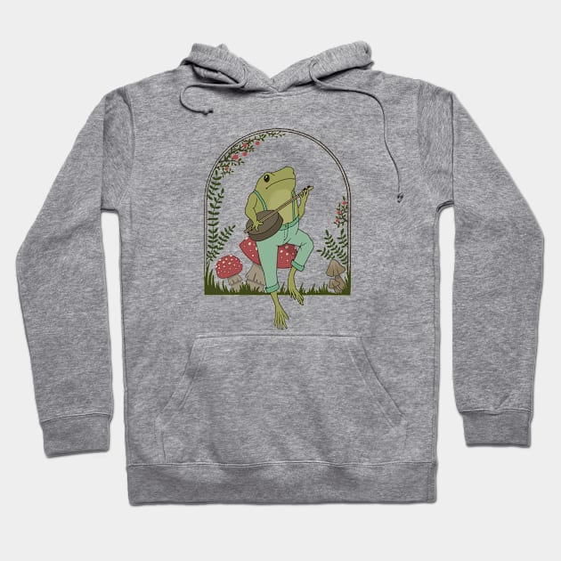 Cottagecore Aesthetic, Cute Frog Playing Banjo on Mushroom, Goblincore Mushroom Lover Hoodie by Ministry Of Frogs